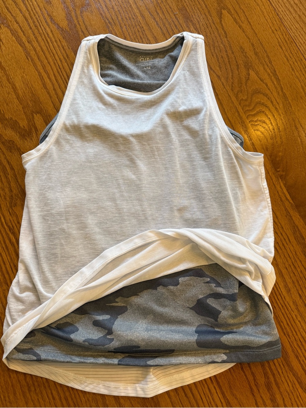 Athleta Girl White and Gray Camo layered racerback tank top.
